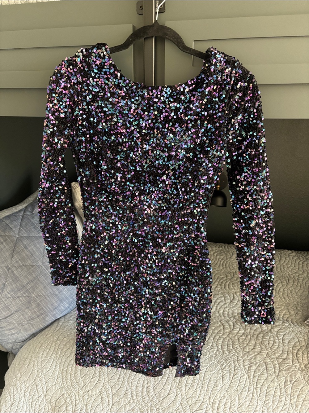 Black Iridescent Sequin Long-Sleeve Mini Dress